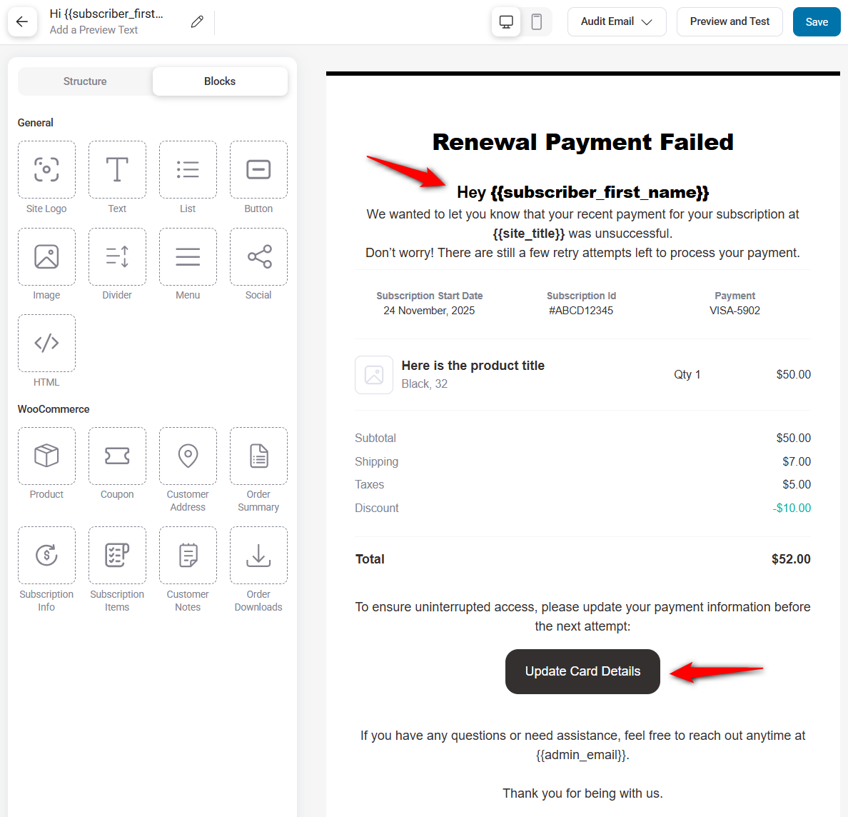 customize failed renewal payment email notification with sublium's visual builder