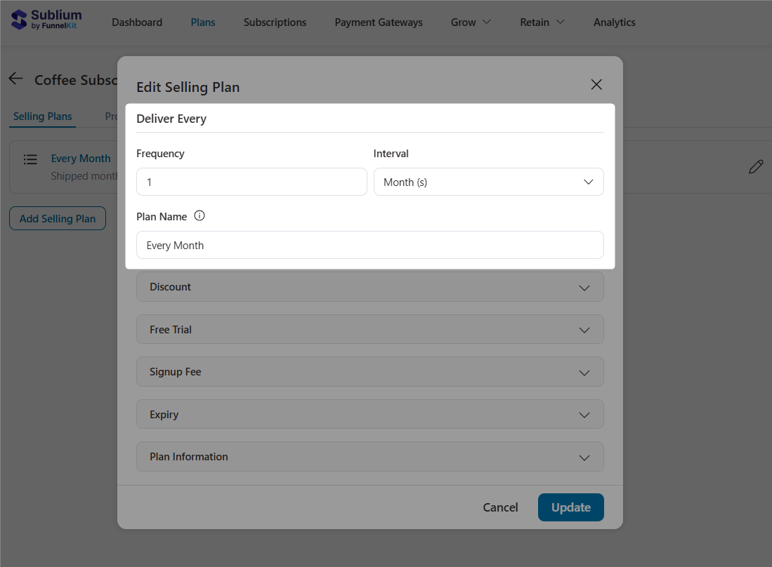 configure deliver frequency and time interval for subscribe and save plan
