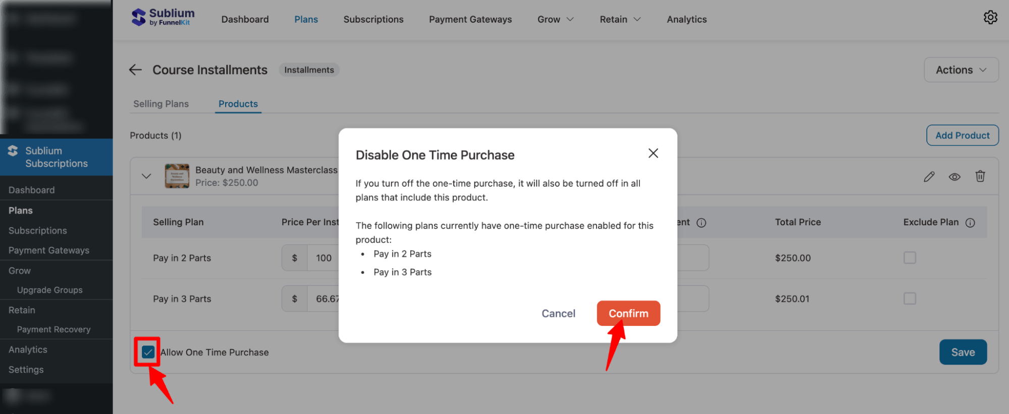 disallow one time purchase for Installment Plan
