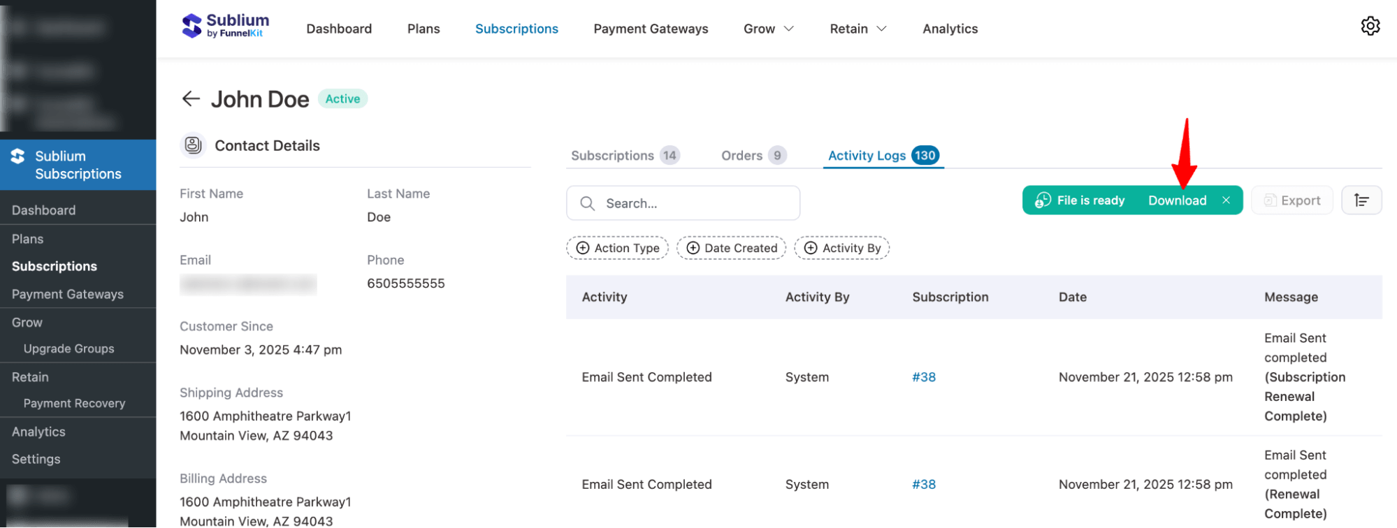 download exported subscribers activity log data