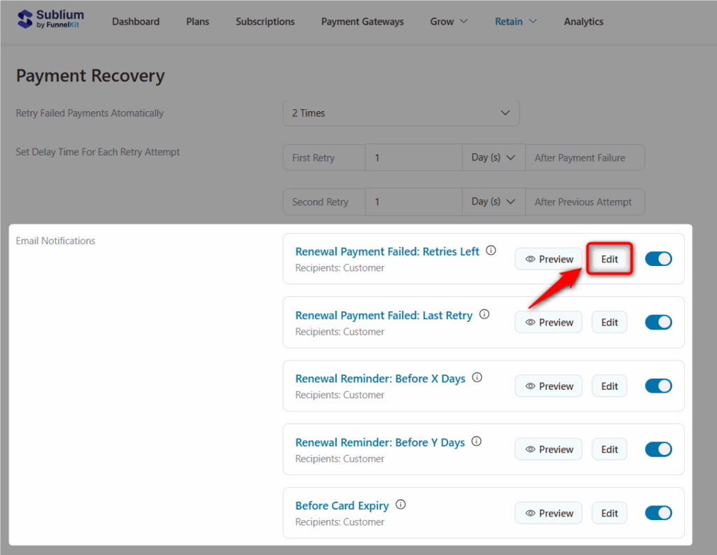 edit renewal payment failed email