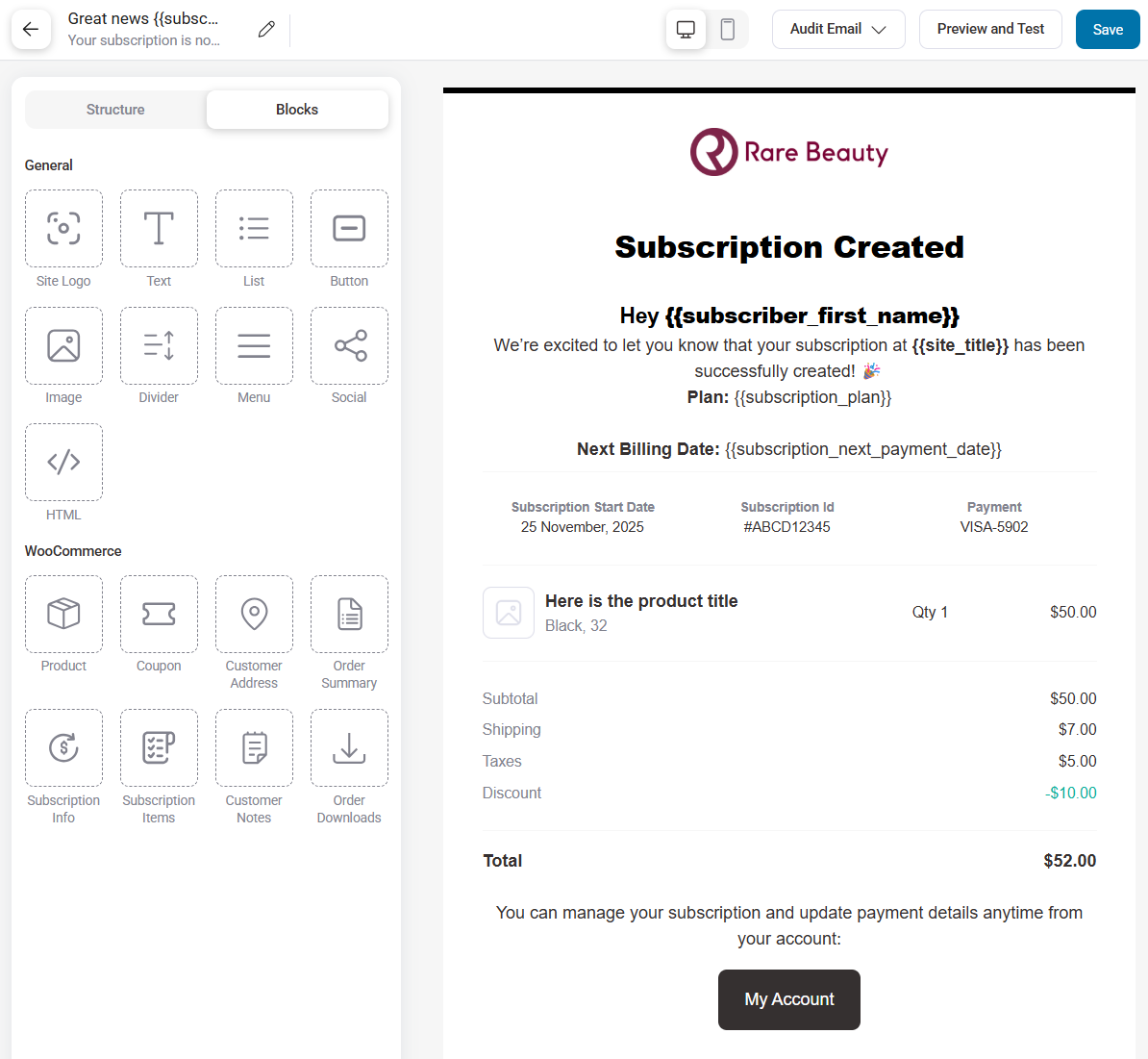 edit subscription emails with sublium's built-in drag-and-drop visual builder