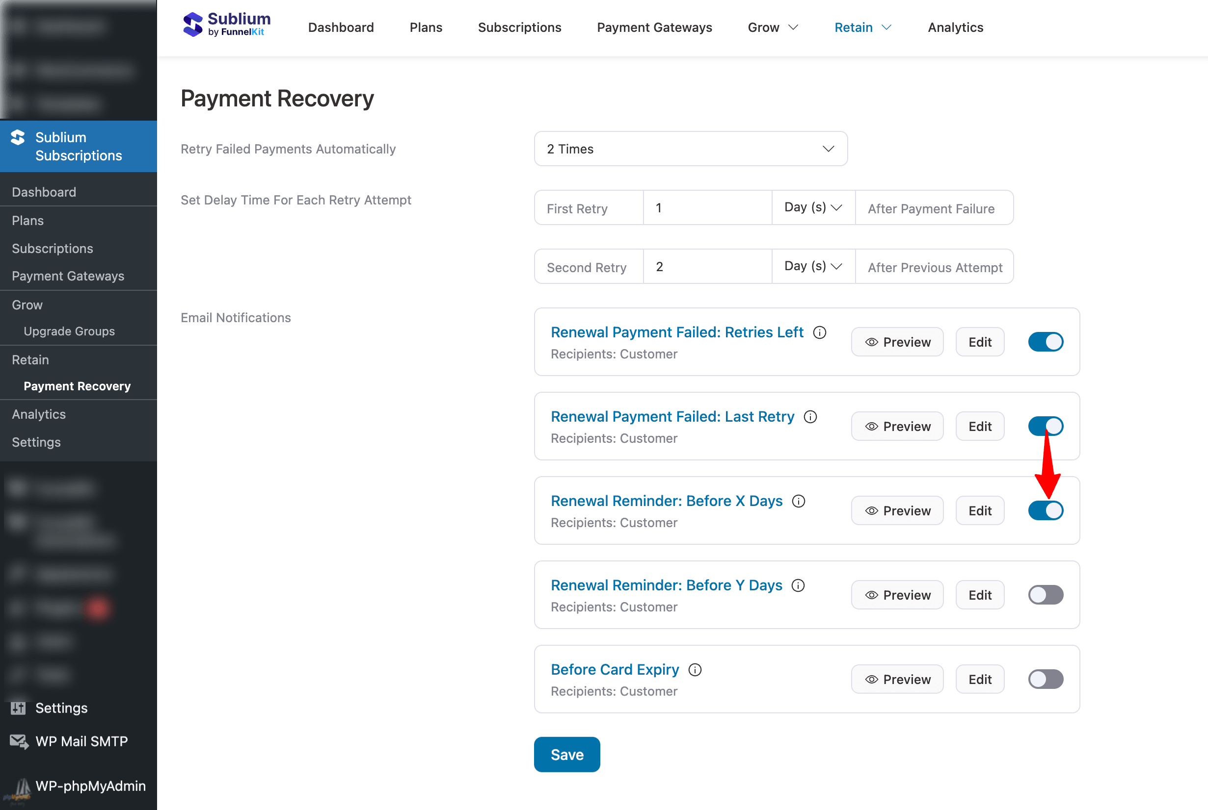 enable “Renewal Reminder- Before X Days” Email Notification