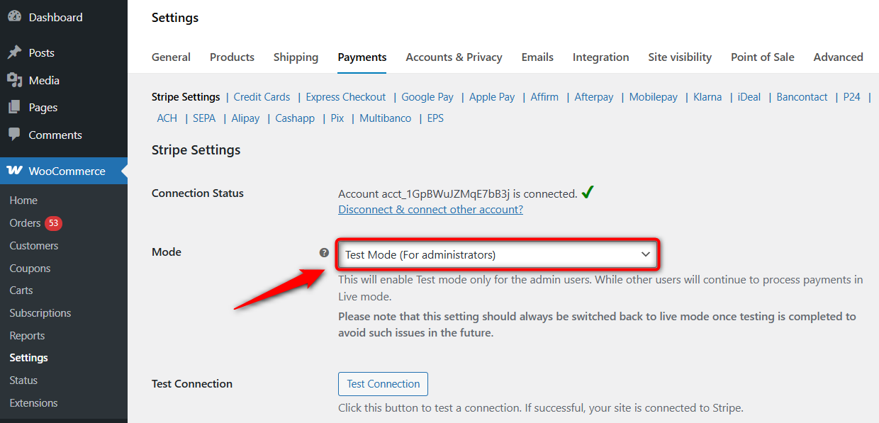 enable test mode in stripe settings