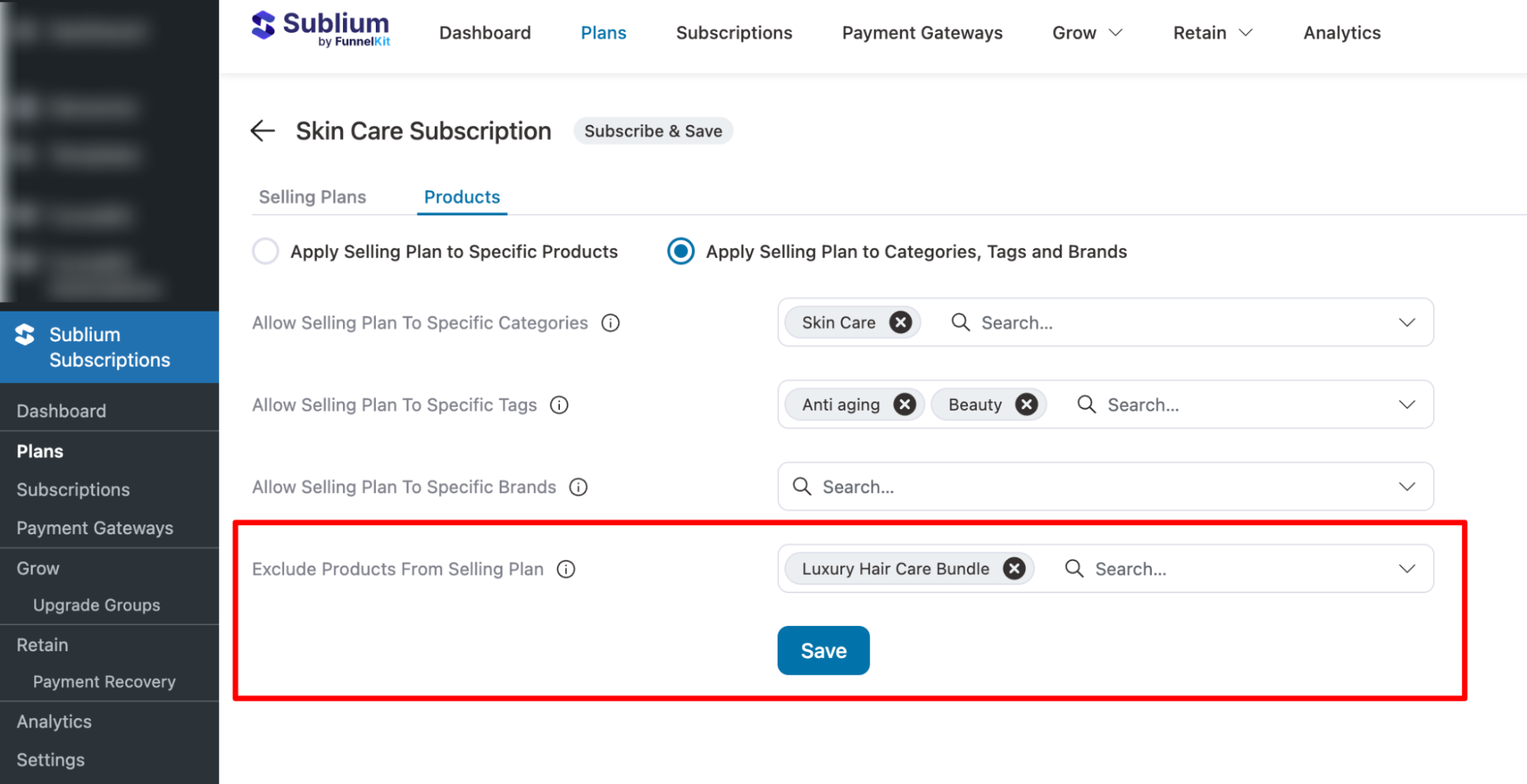 exclude product for Subscribe & Save Plan