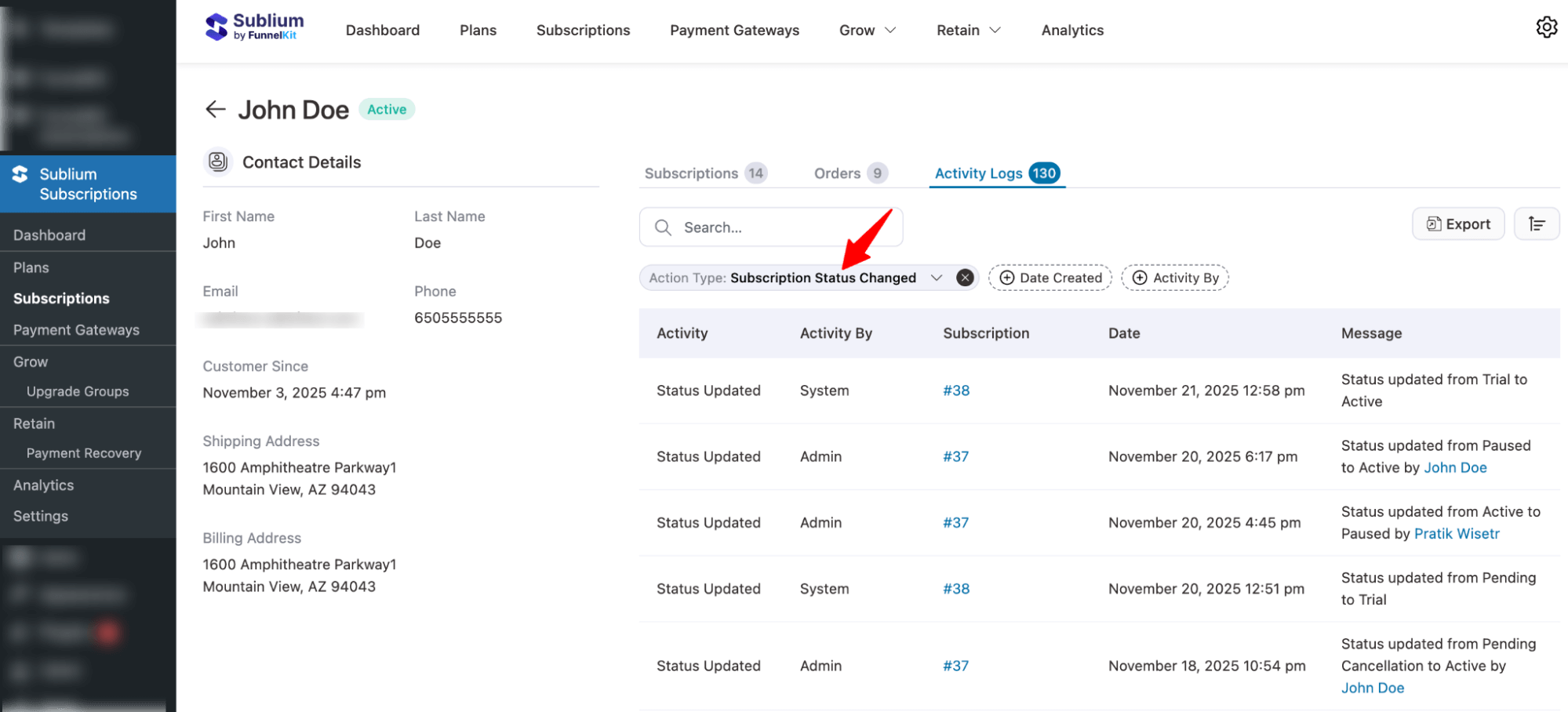 filter subscribers activity logs