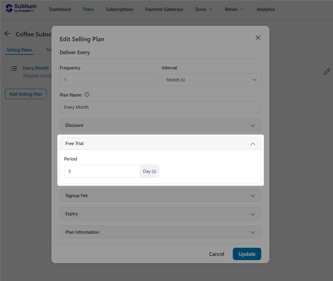 offer free trial by defining the number of period in days