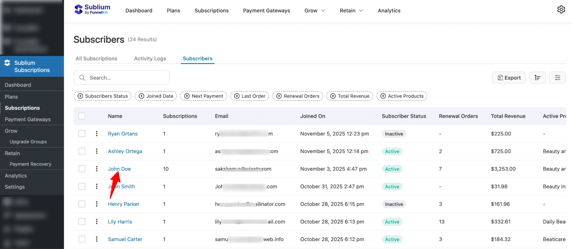 hit on subscribers ID for a detailed view