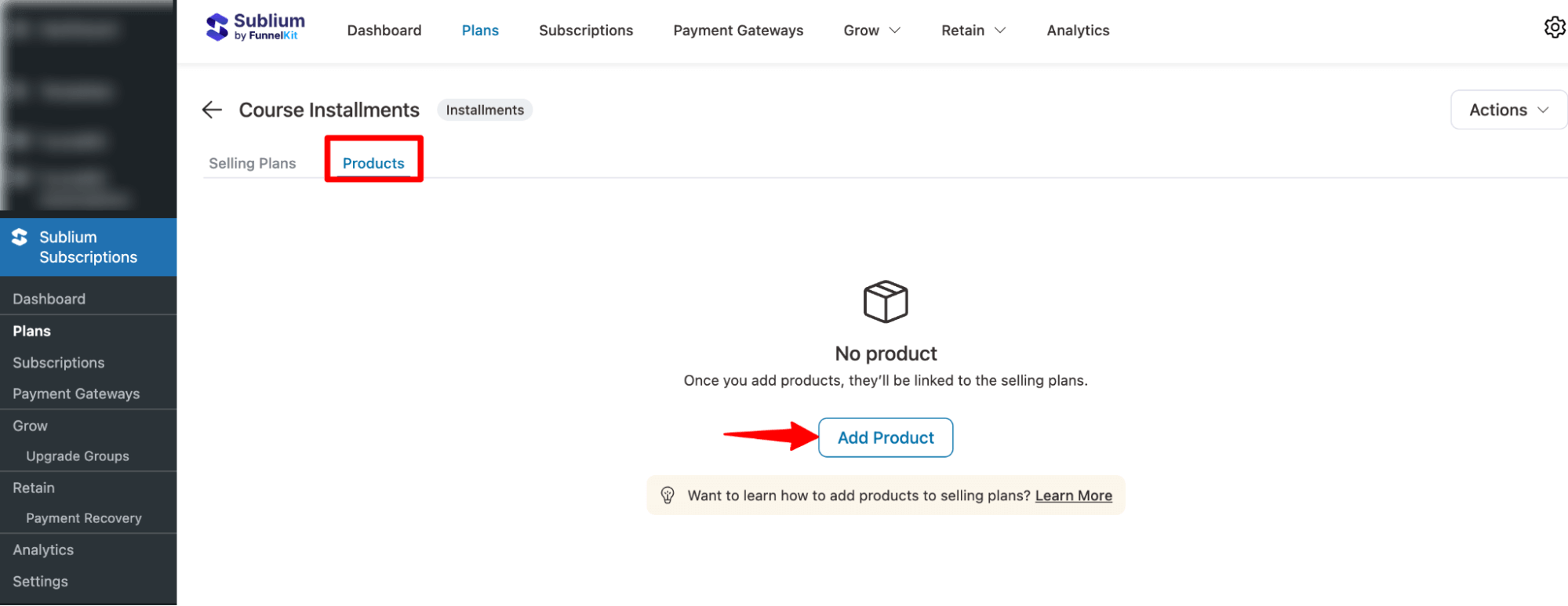 hit product to add installments Plans to it