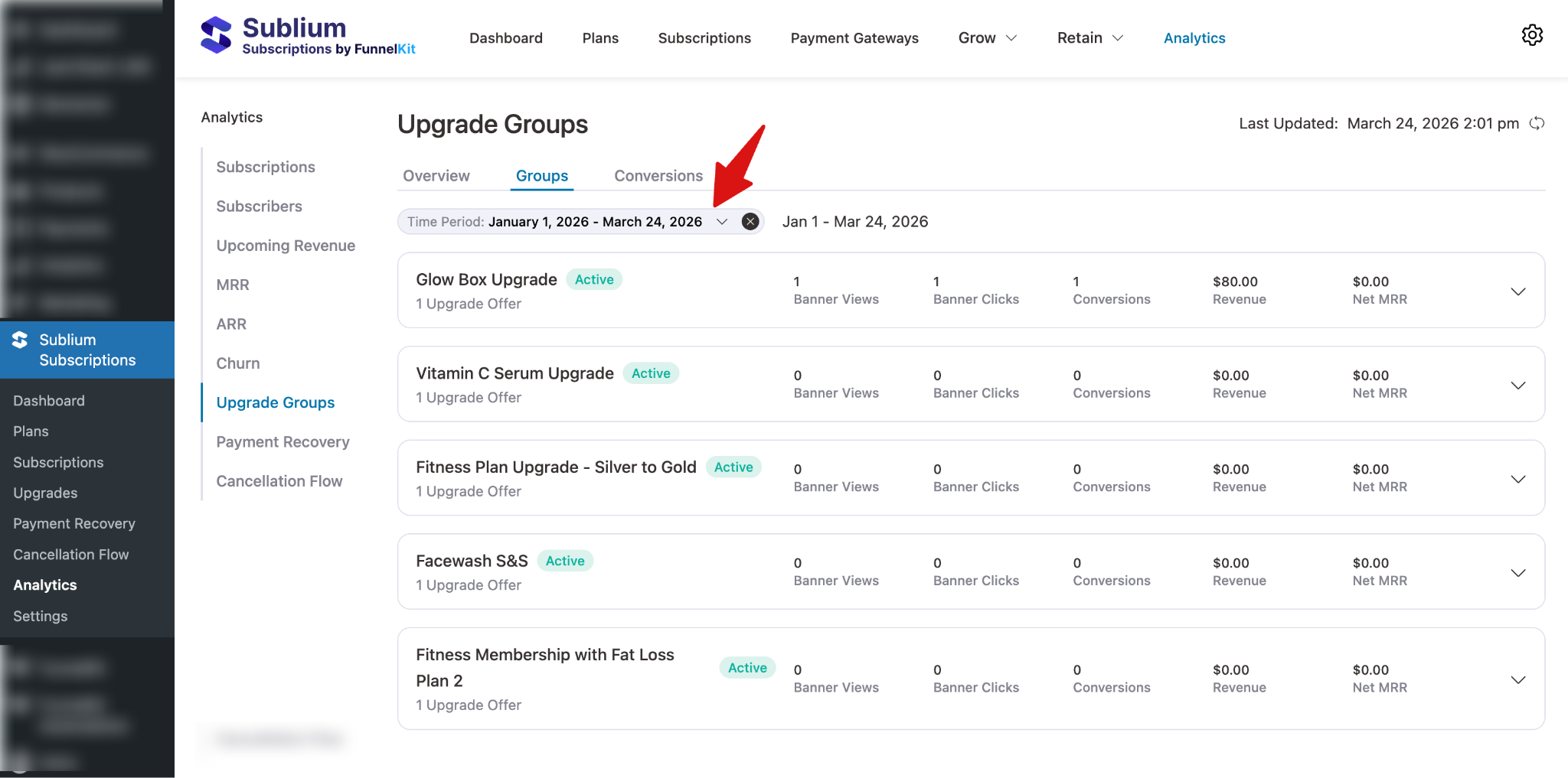 Date range selector for upgrade group metrics with options including Today, This Week, Last Month, Quarter to Date, Last Year, and Custom Date Range