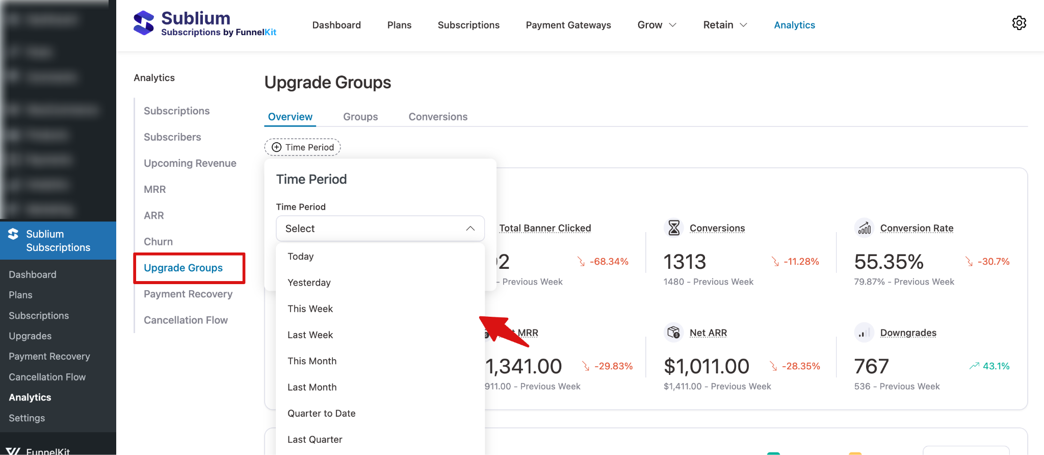 Date range selector for upgrade metrics showing options such as Today, Yesterday, This Week, Last Month, Quarter to Date, and Custom Range