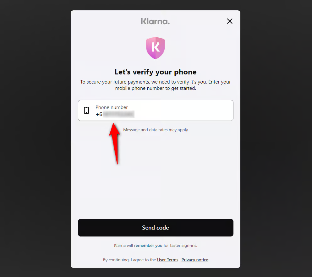 A klarna popup will appear to verify your phone number and credit check