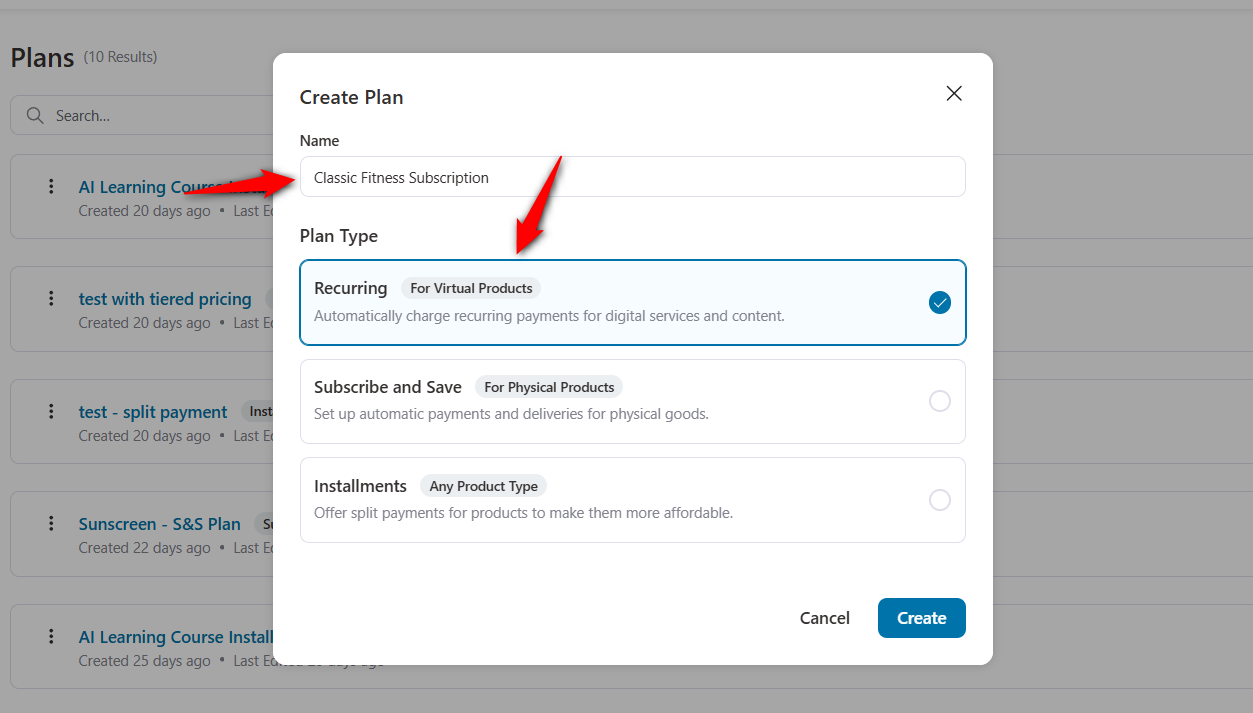 Enter name of your subscription and select recurring plan type - Sell Subscriptions WooCommerce