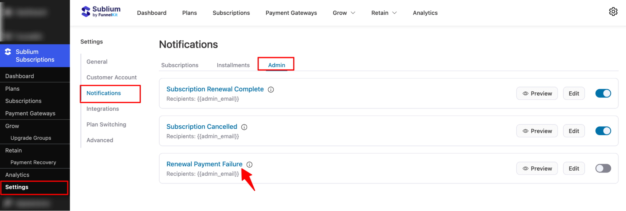 navigate to Renewal Payment Failure (Admin) notification