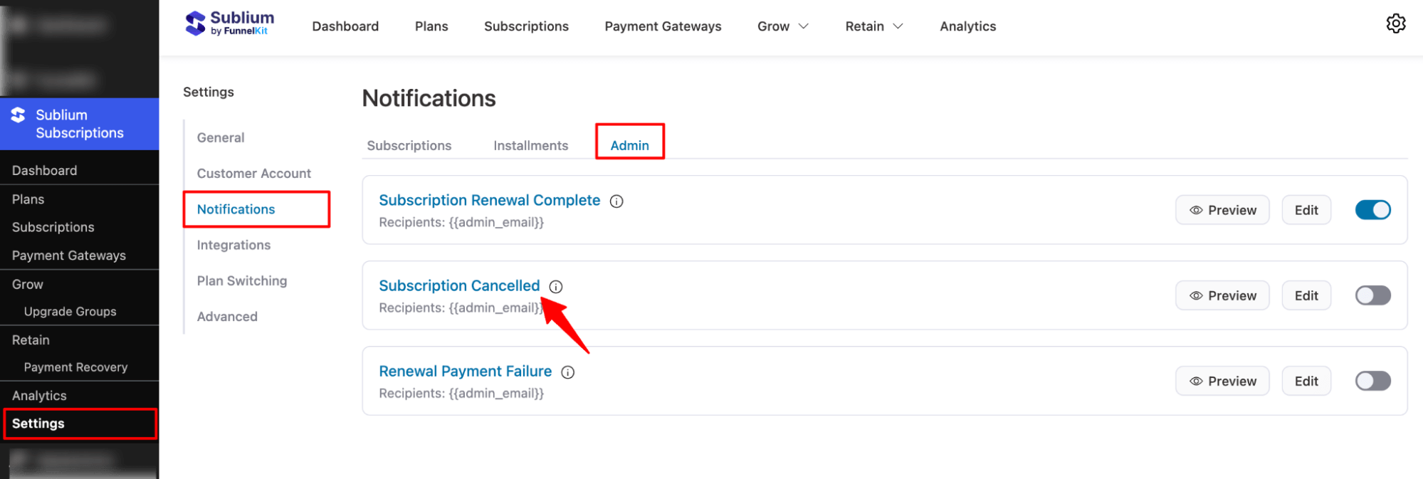 navigate to Subscription Cancelled email notification in sublium subscriptions