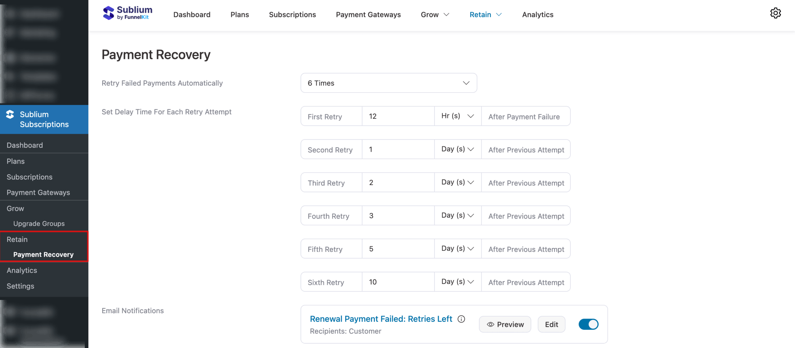 navigate to payment recovery in Sublium Subscriptions