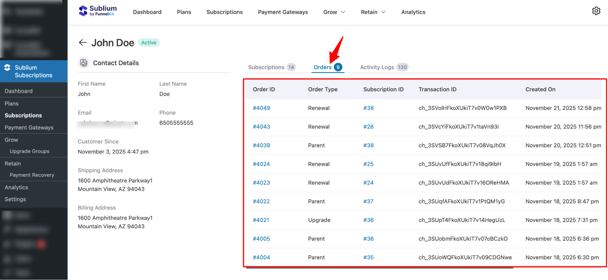 orders section subscriber profile
