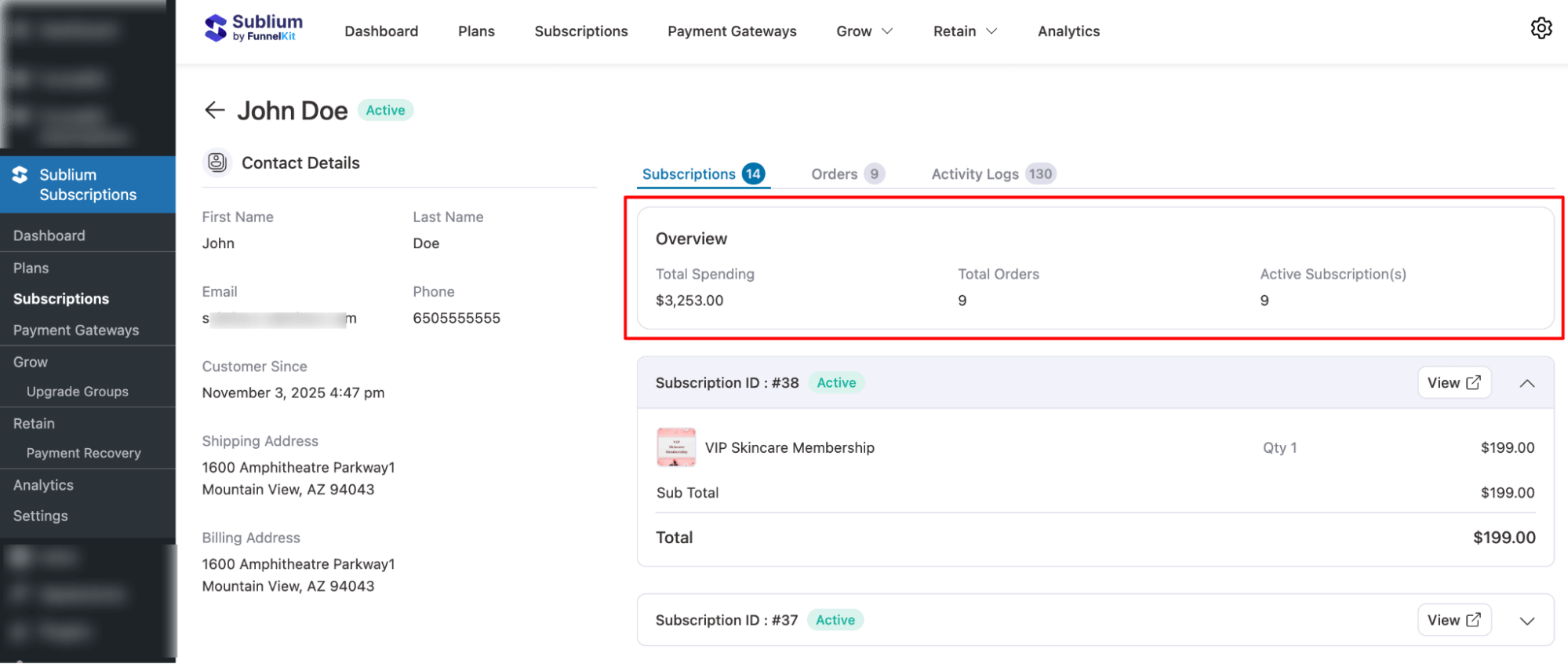 overview of subscriptions data on subscribers profile page