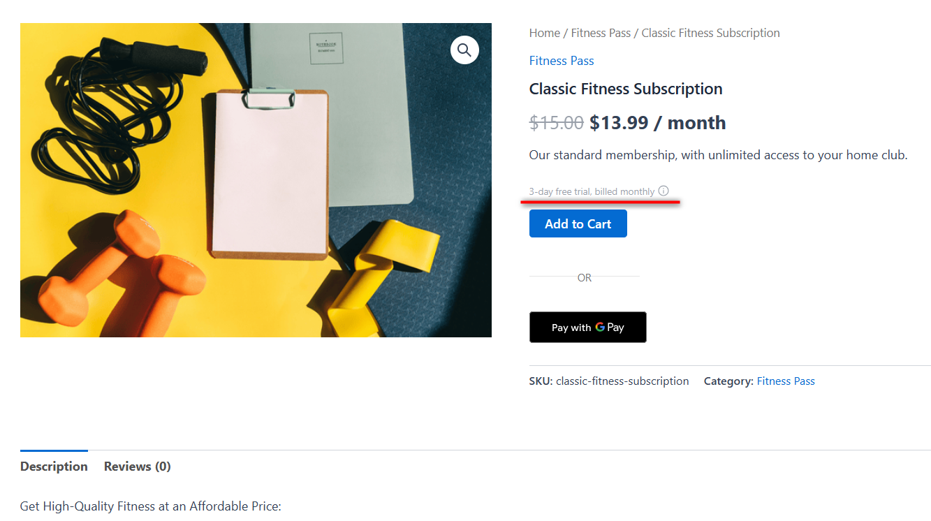 preview of the created subscription plan on the woocommerce product page