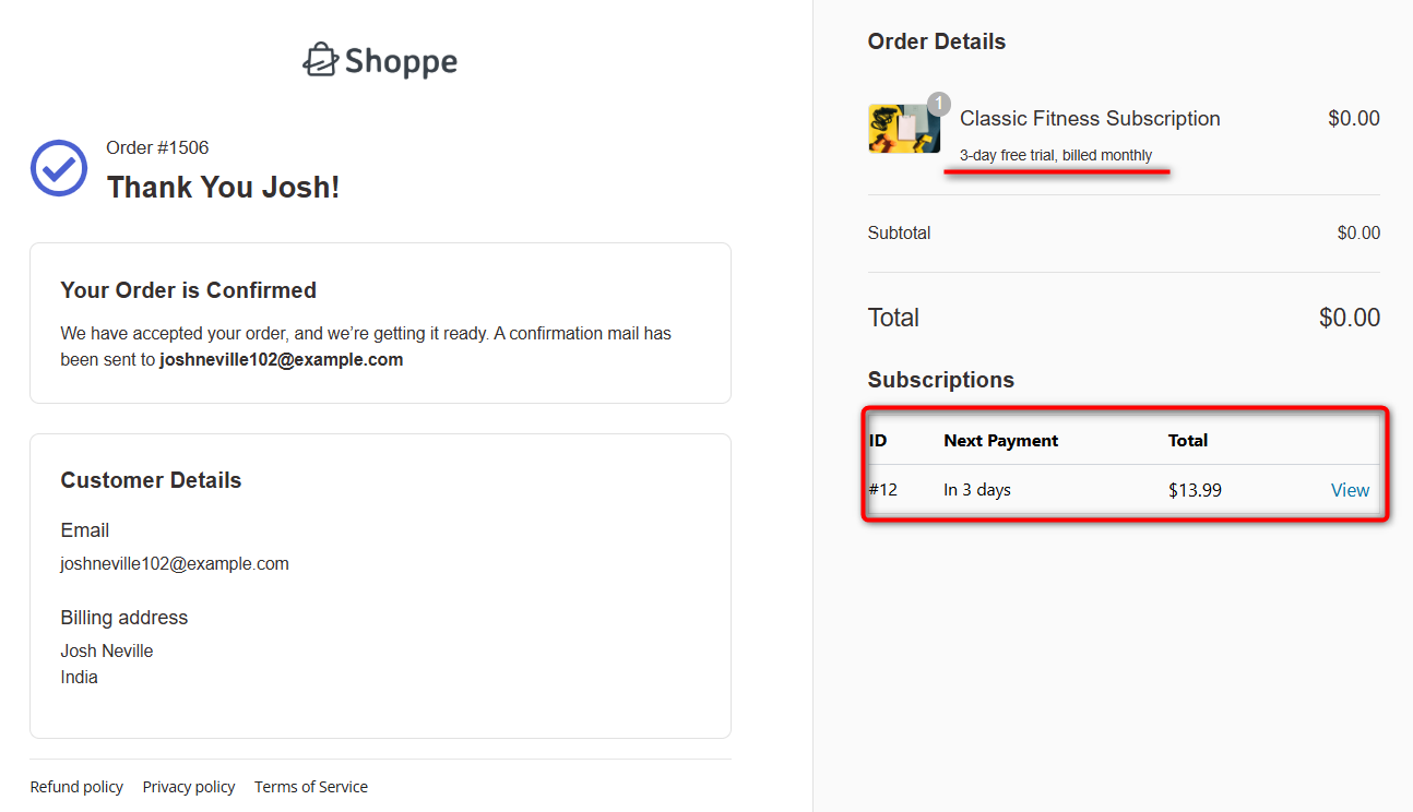 preview of the selling  subscription plan on the woocommerce thank you page