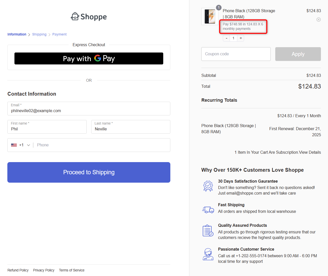 preview of the installment plan on the woocommerce checkout page