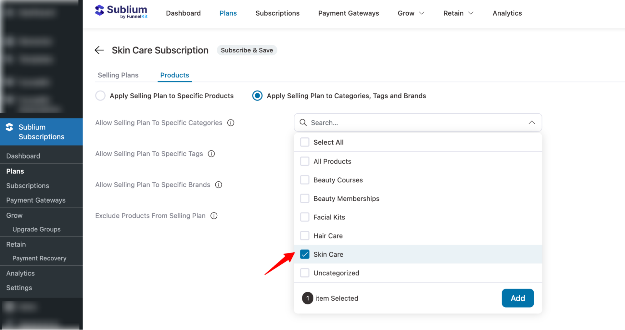 search and add categories to Subscribe & Save Plan