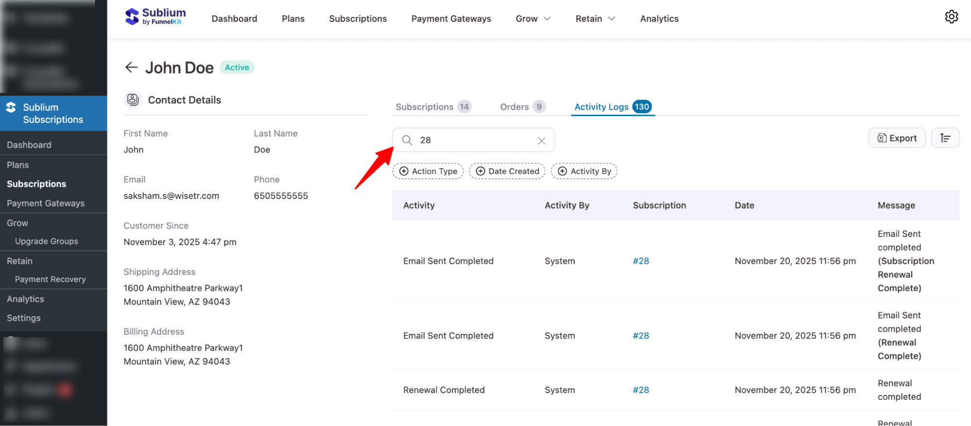 search subscribers activity log by ID