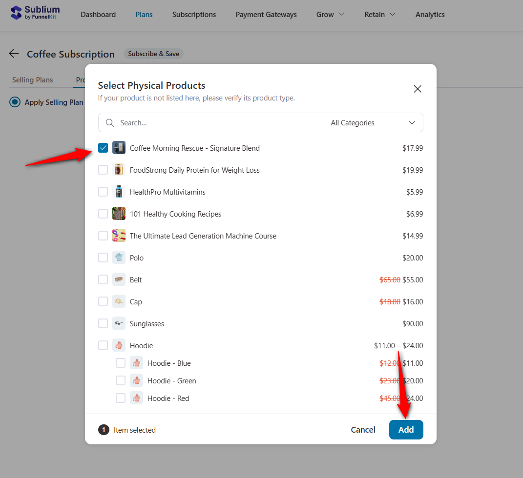 select the physical product you want to add to your subscribe and save plan
