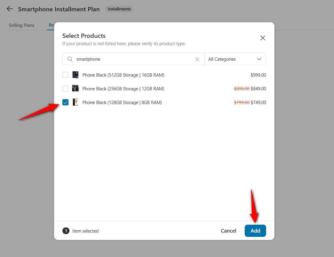 select the product to add it to your installment plan
