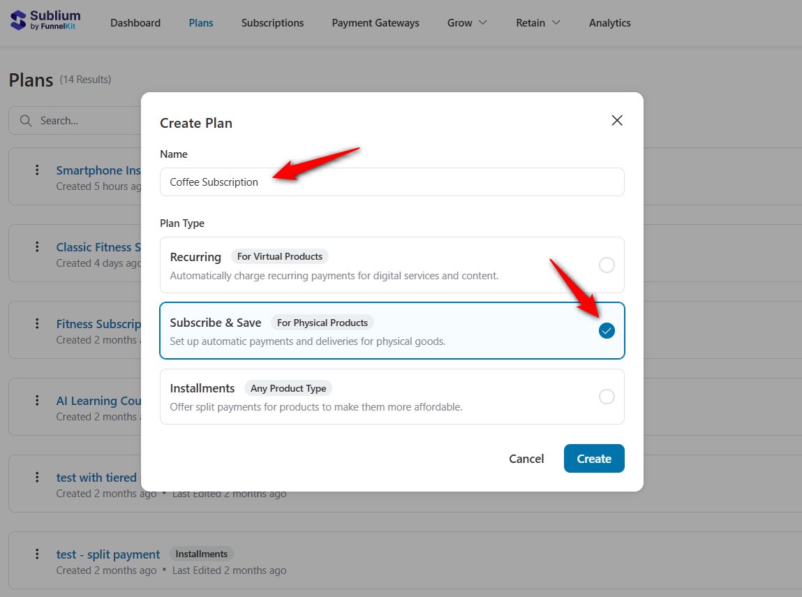Select subscribe & save and enter the name of your plan