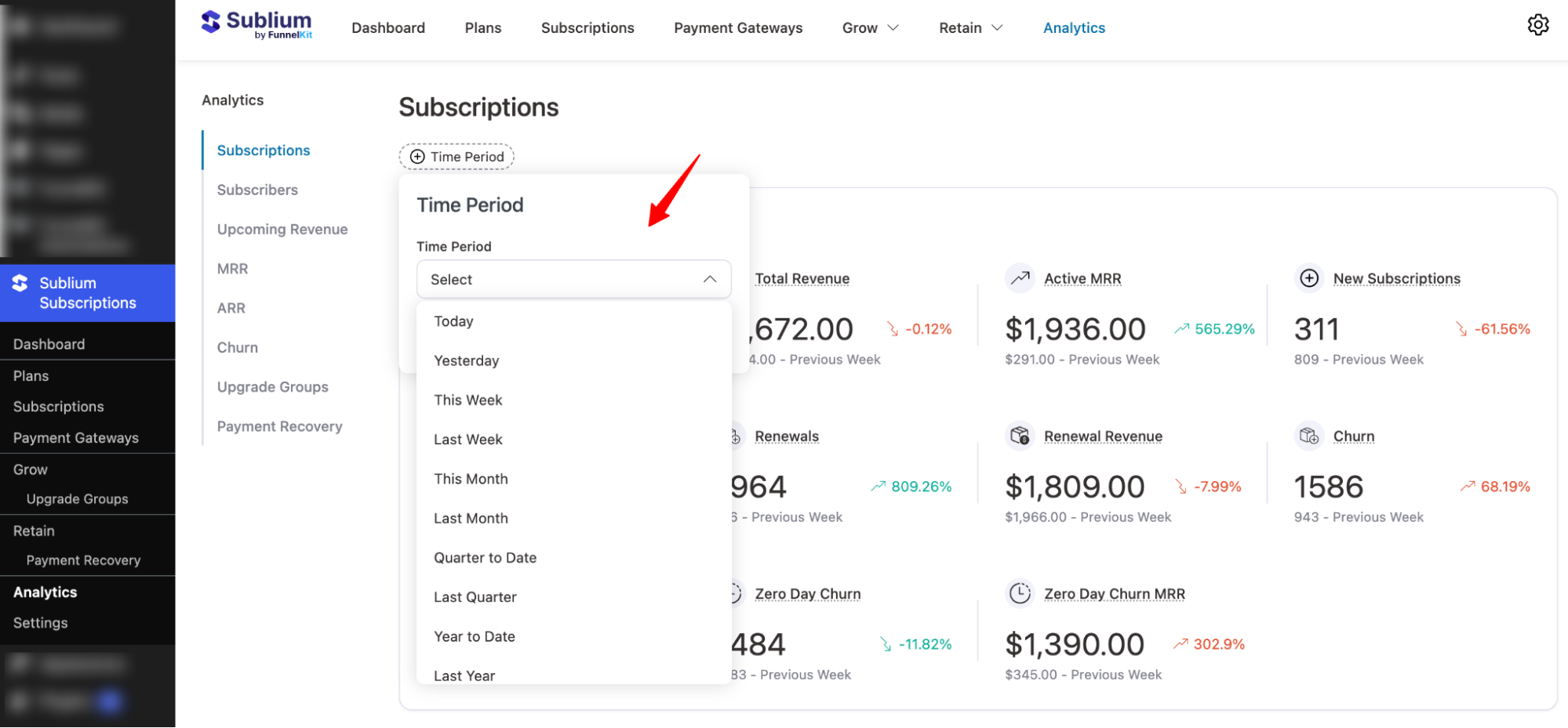 select time period for Subscriptions analytics