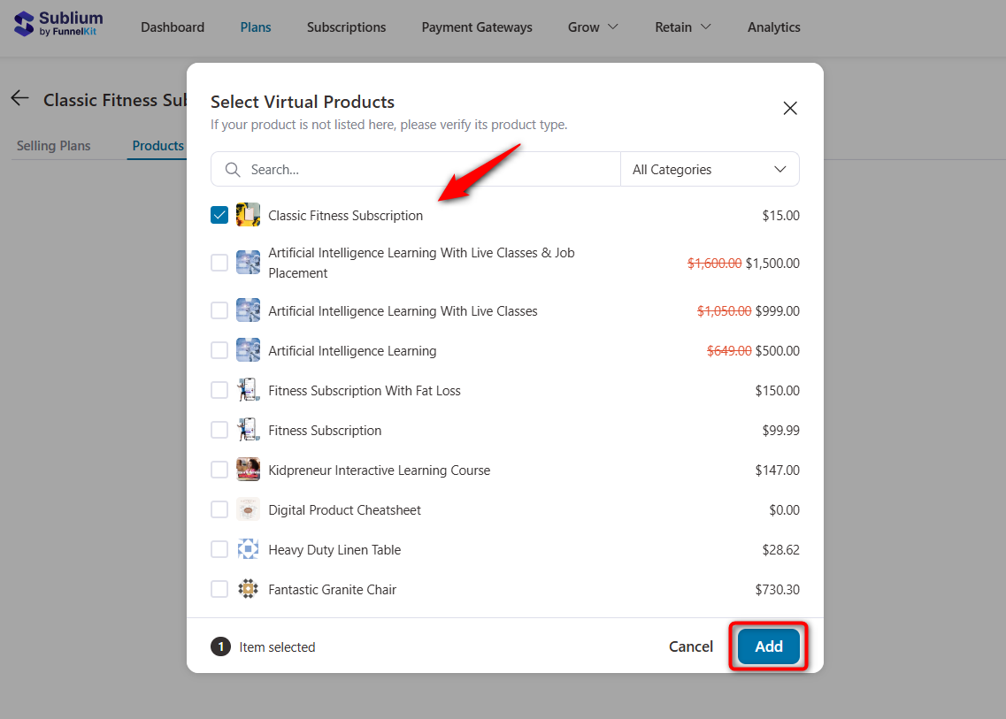search for the product or browse its category. Select it and click on add