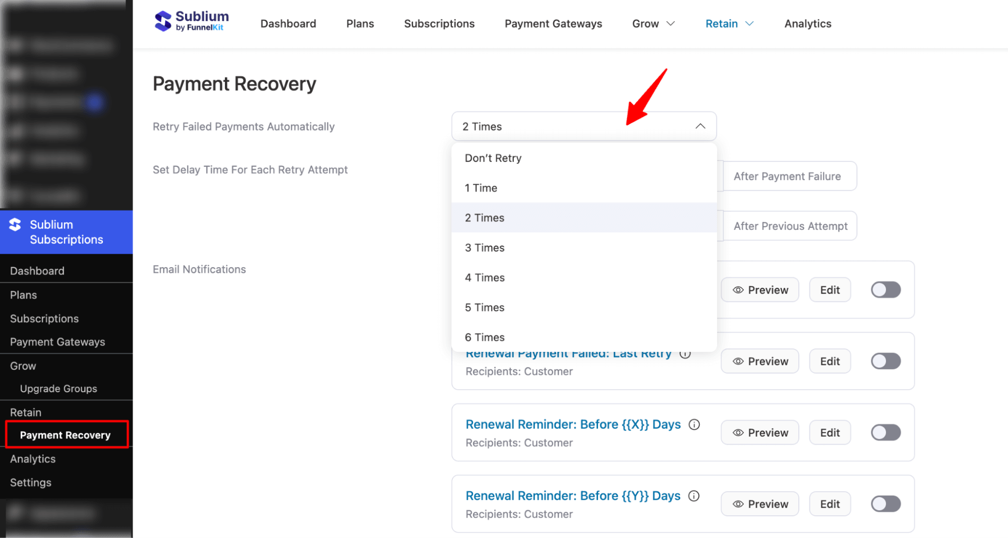 set number of Retry failed payments