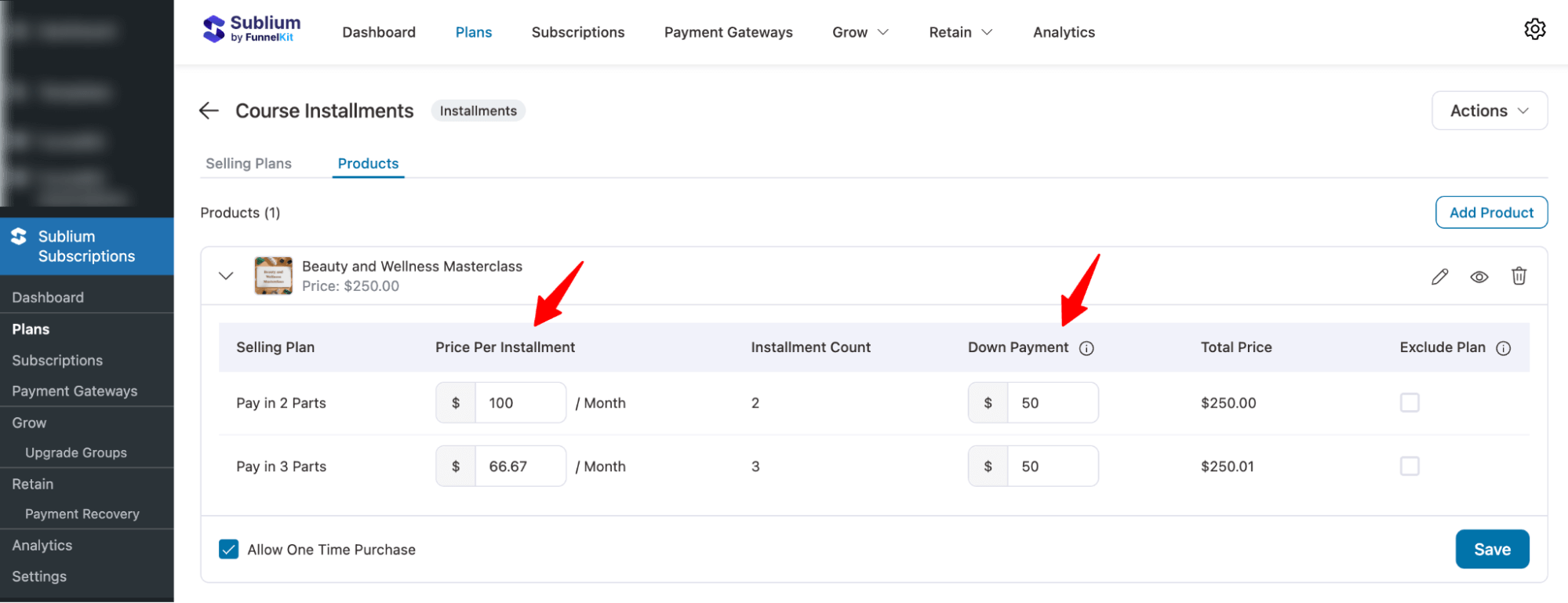 set up downpayment and price per installments