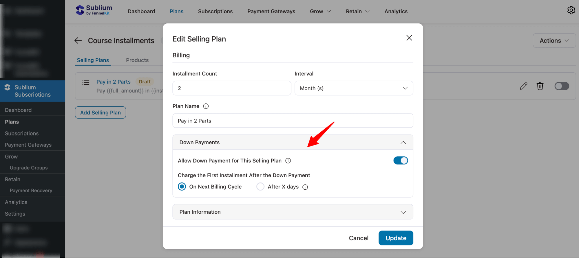 set up downpayment for Installment Plans