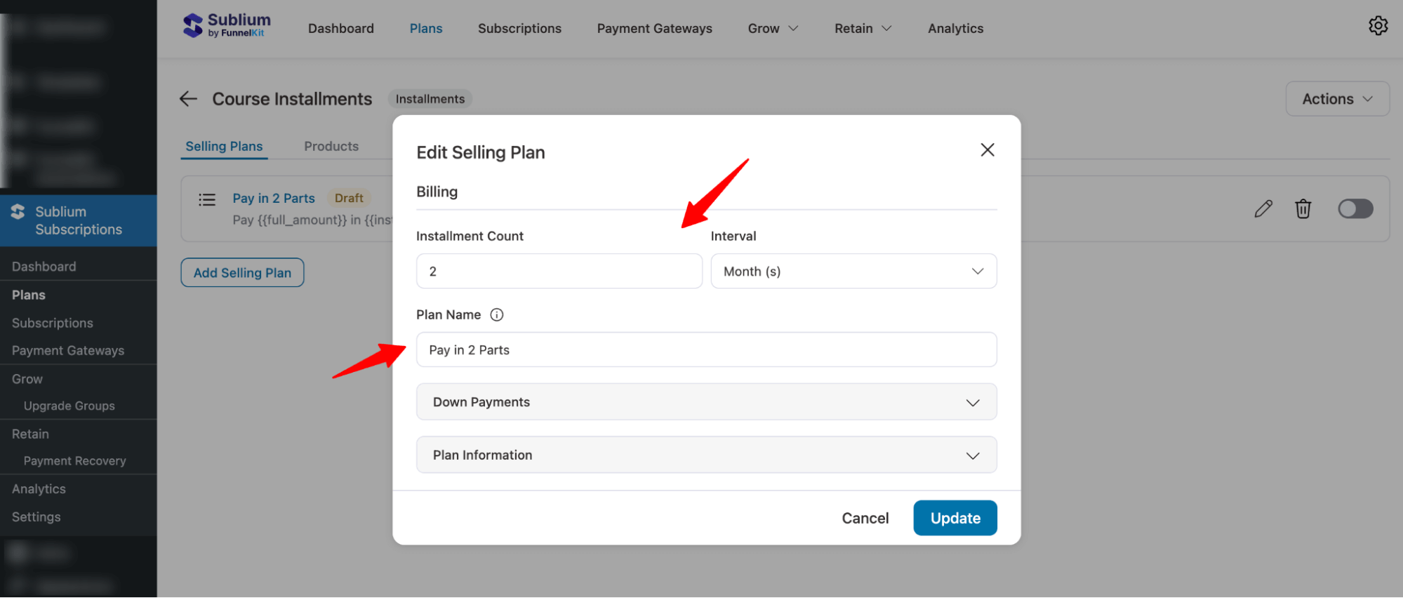 set up installment count interval and plan name for Installment Plan