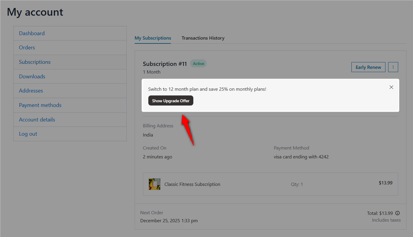 Show upgrade offer on cart page, FunnelKit mini cart, checkout page and my account - Sell Subscriptions WooCommerce