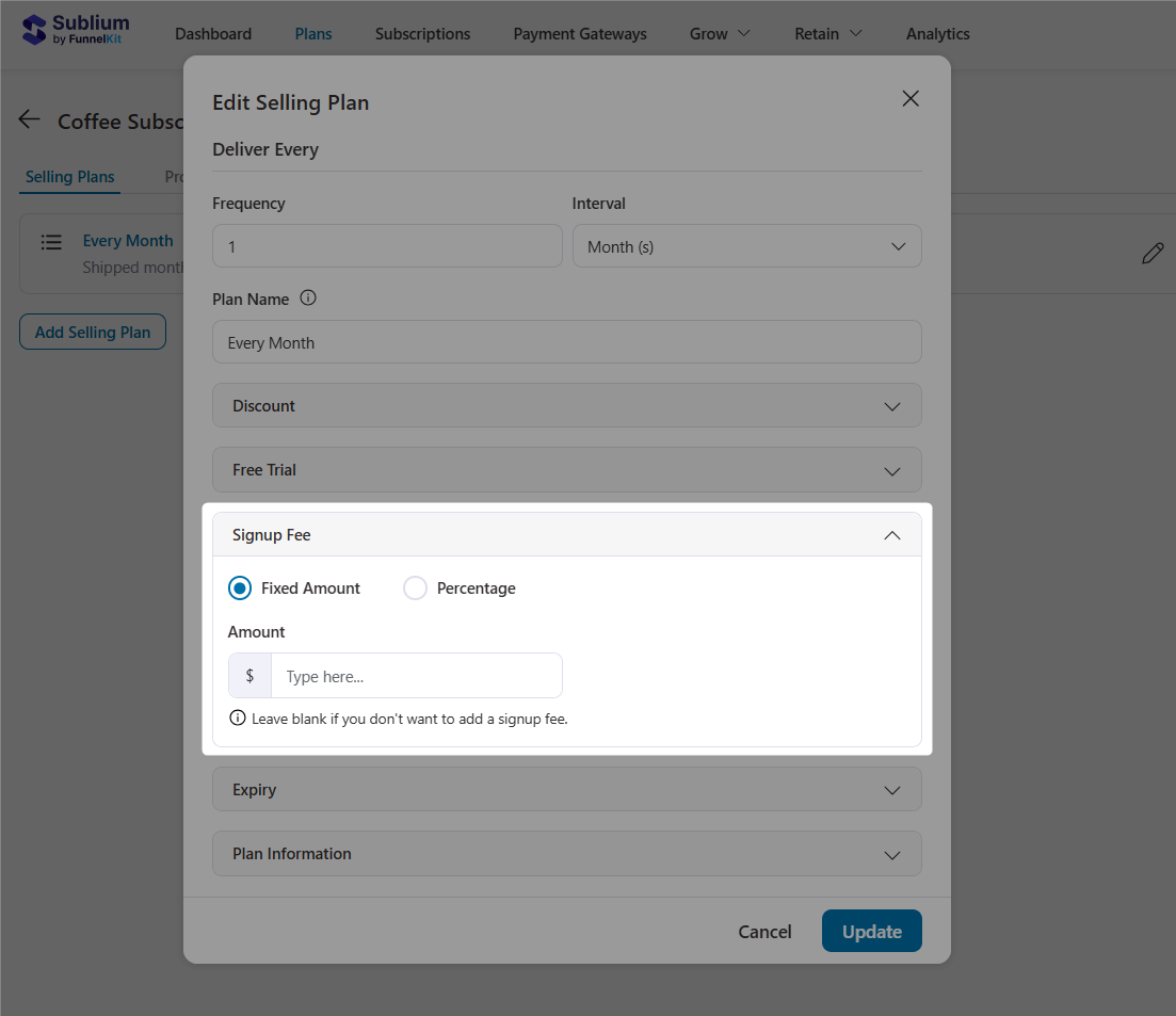 Specify the signup fee as fixed amount or percentage of a product price