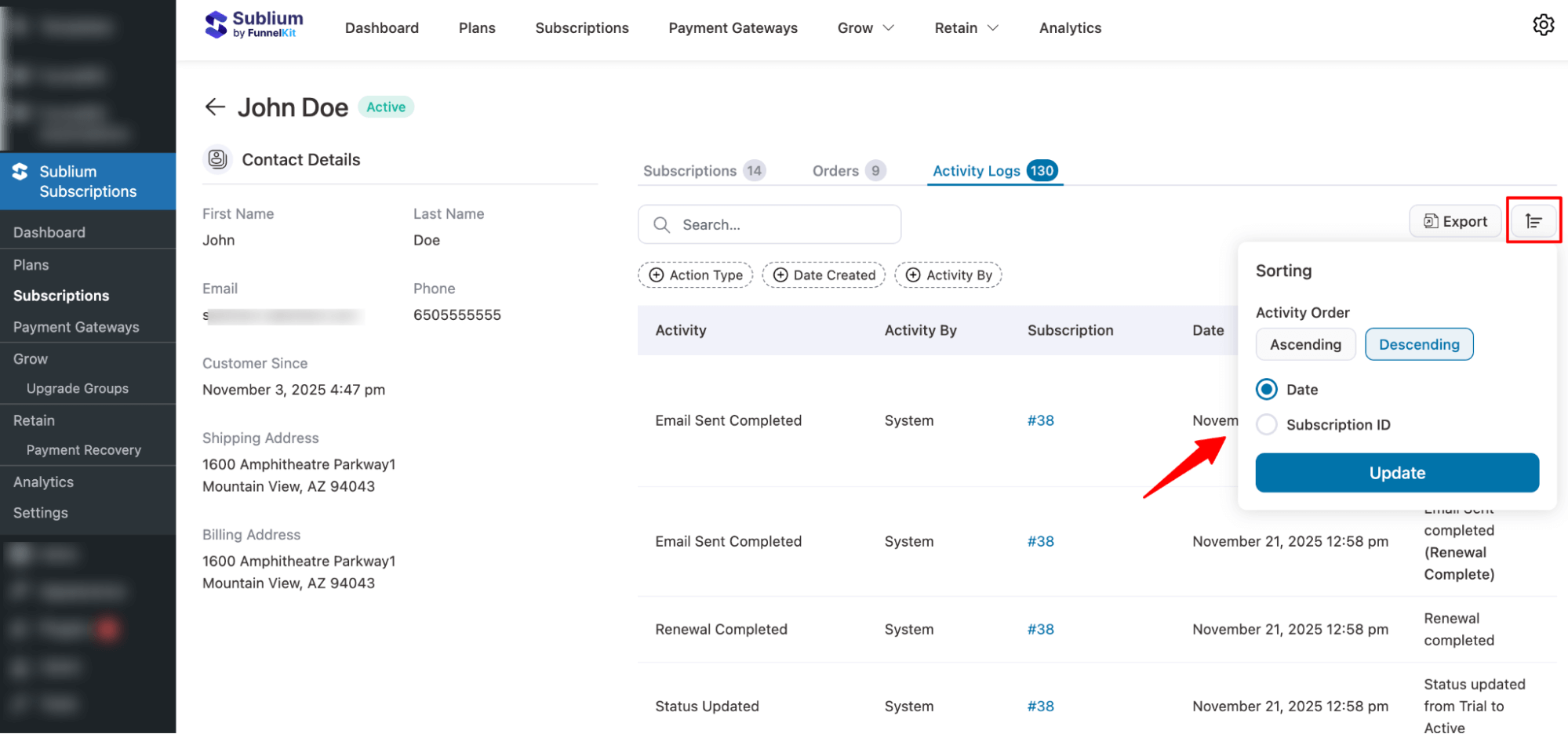 sort subscribers activity data
