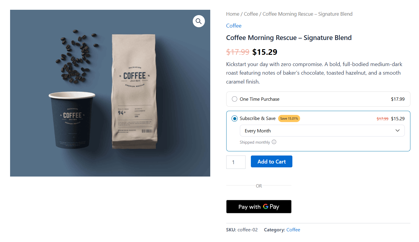 preview of the subscribe and save plan on your woocommerce product page