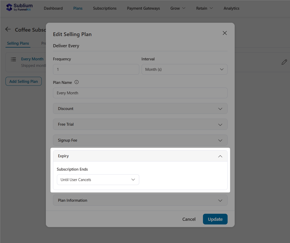 configure subscription expiry settings to control how long the subscribe and save plan will last