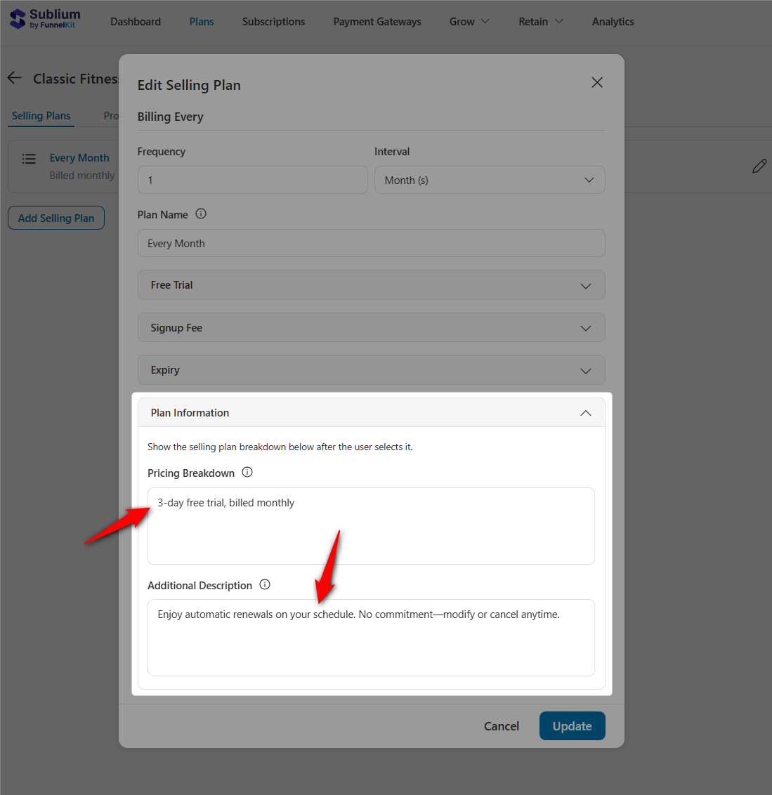 Enter plan information to inform users about the subscription plan clearly