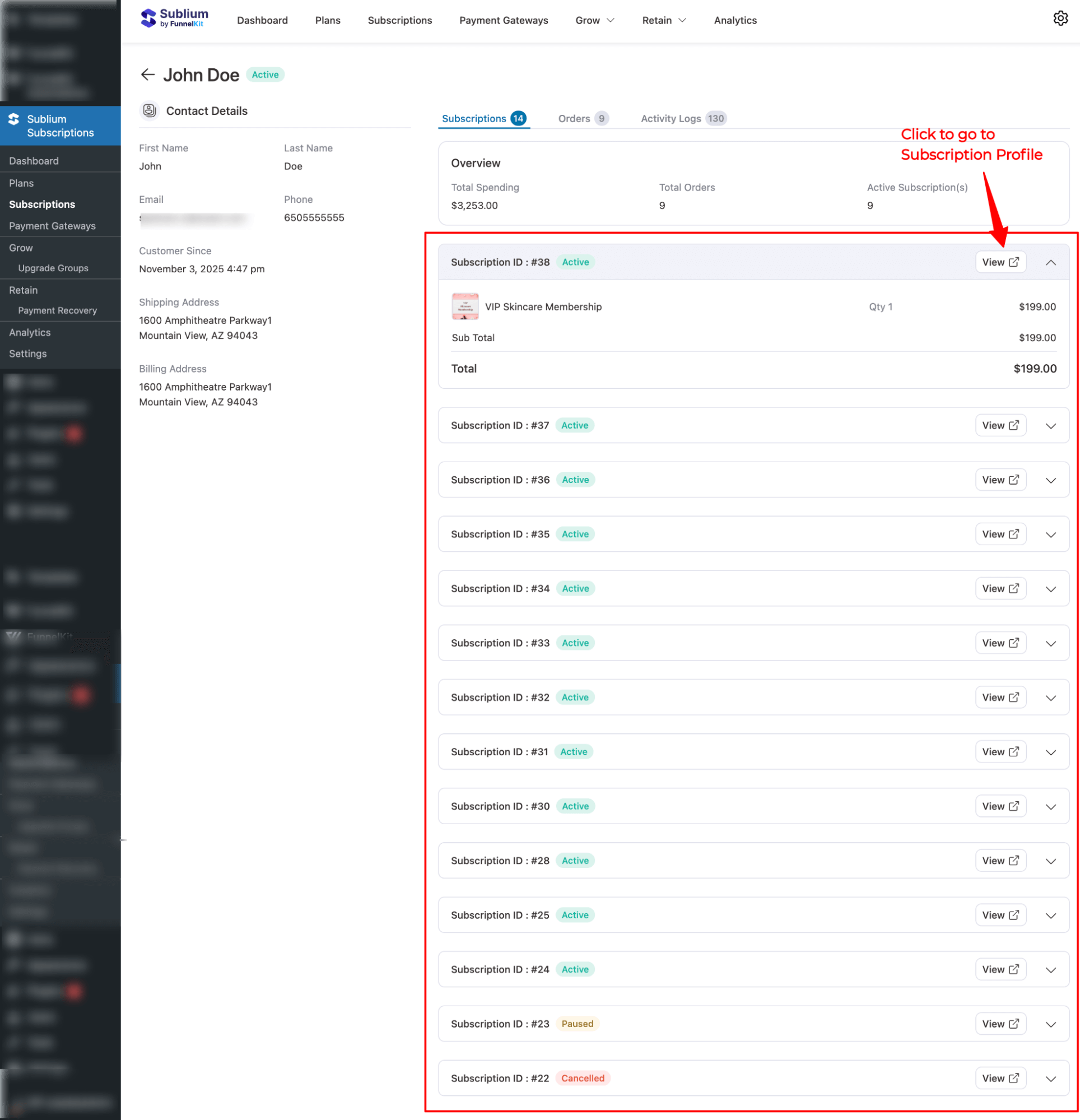 subscriptions list on subscribers profile