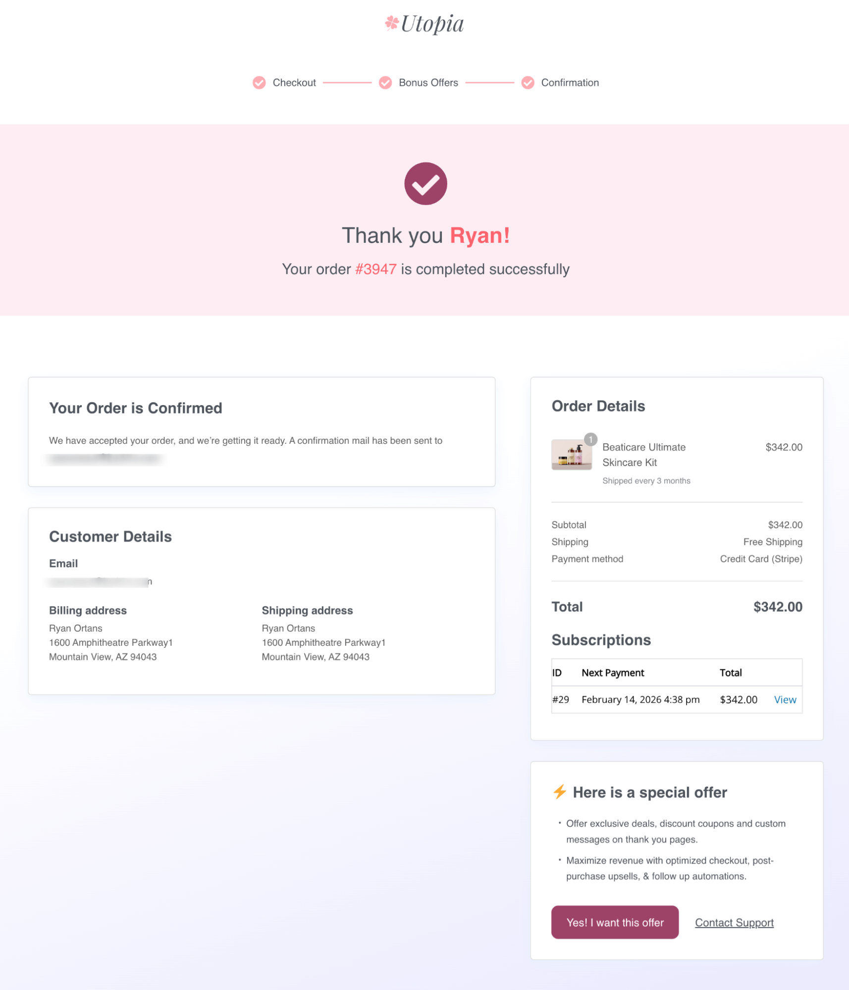 thank you page for Subscribe & Save Plan