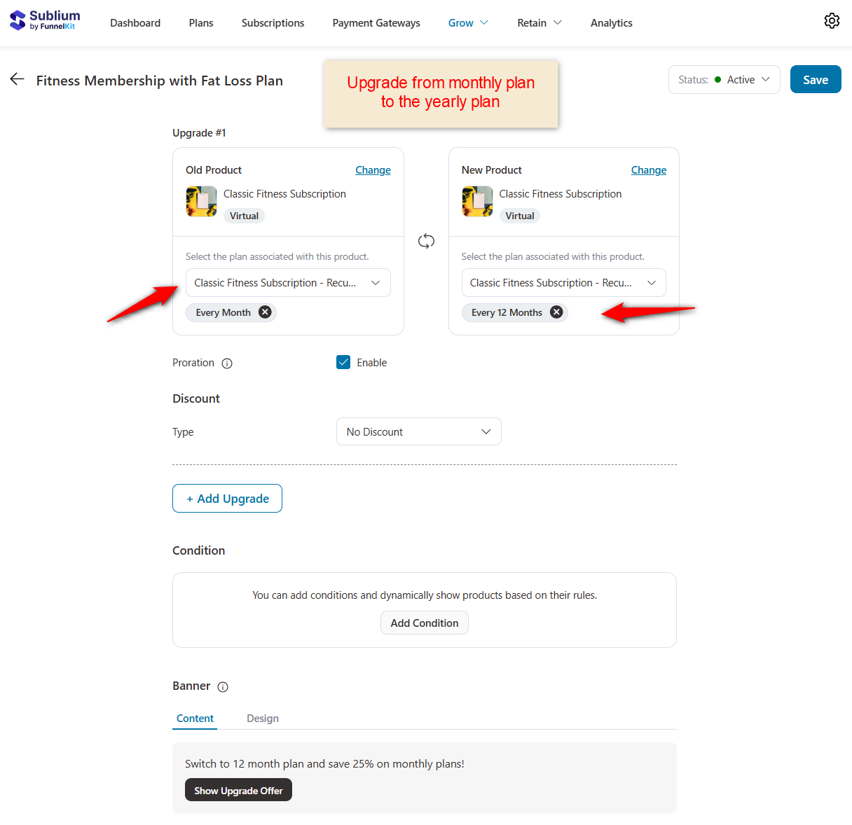 set subscription upgrades from monthly plan to the yearly plan