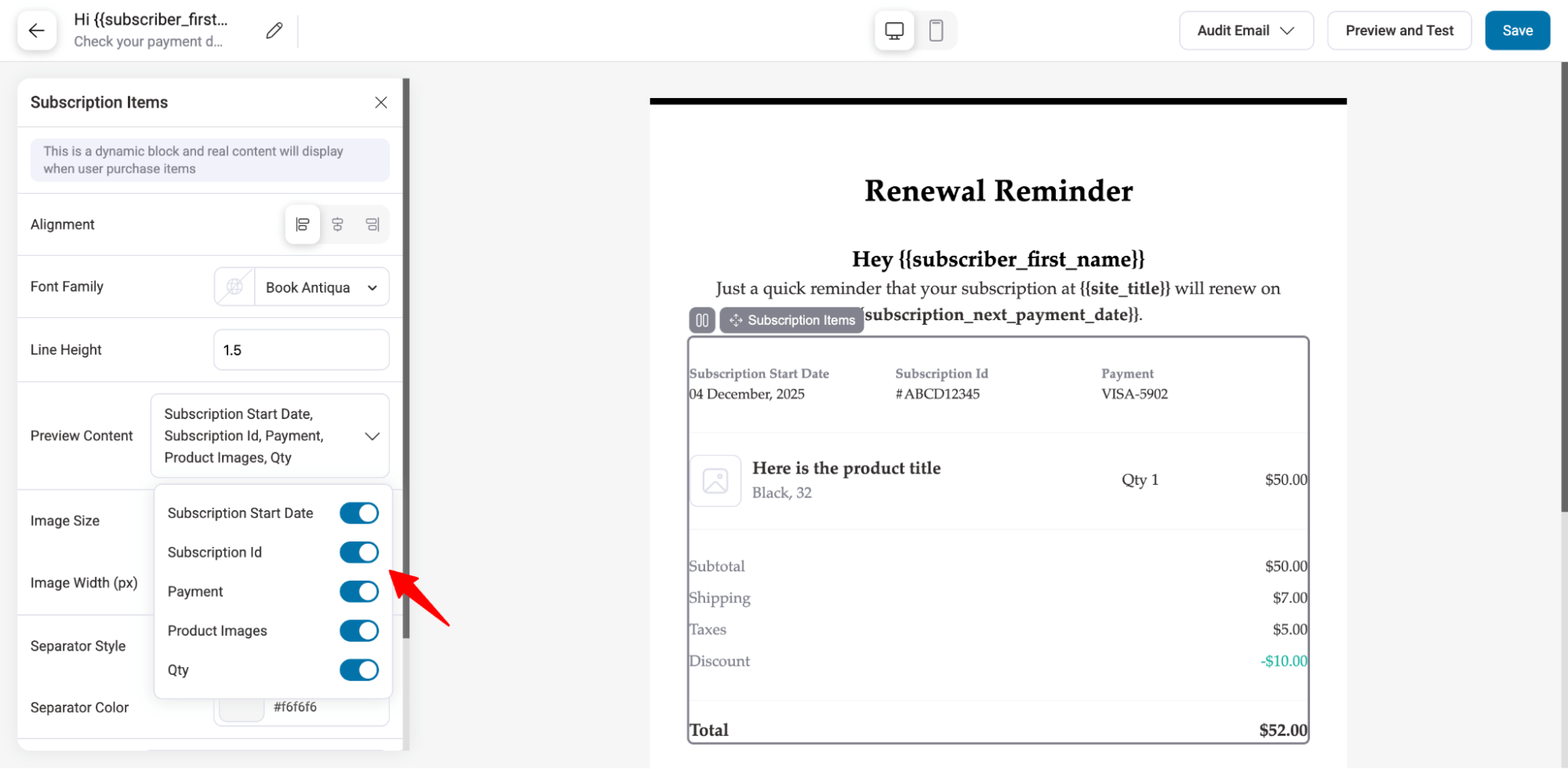 Subscriptions items summary