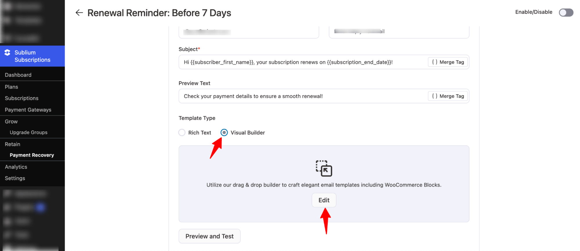 choose visual builder editor to customize Automated WooCommerce Subscription Reminder Emails