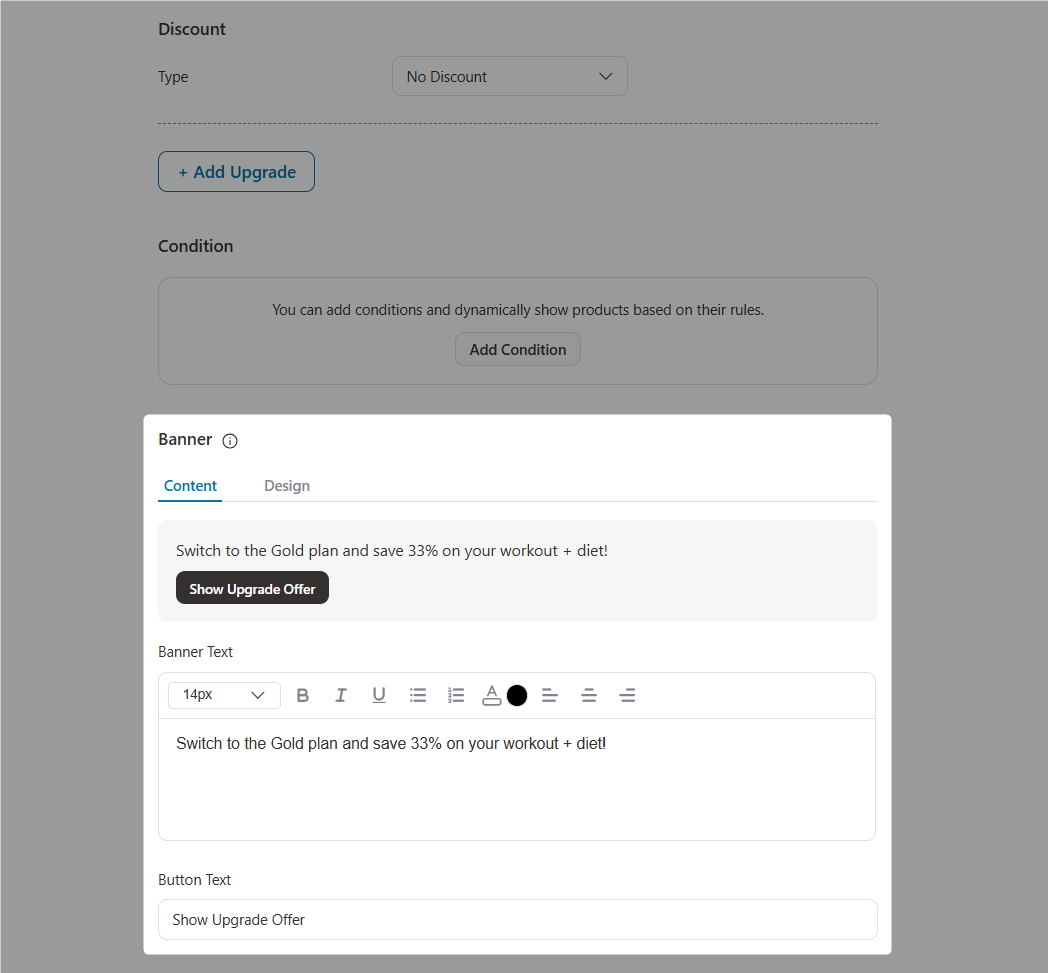 woocommerce subscription switching: configure upgrade banner content
