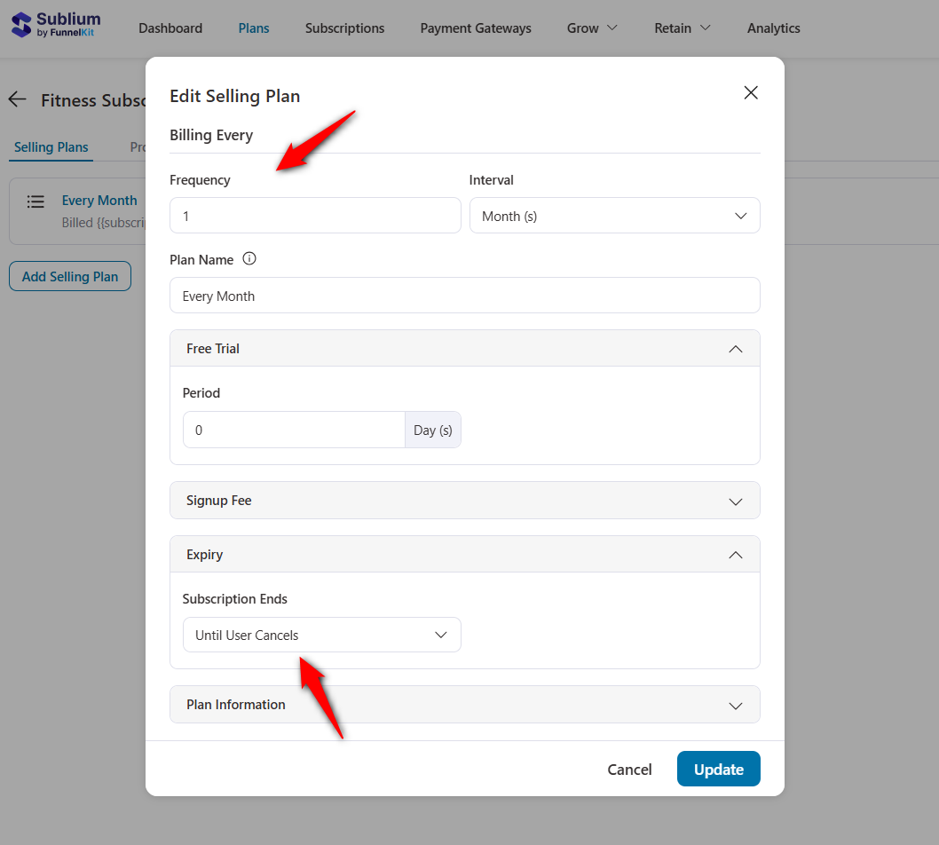 Configure woocommerce subscription recurring plan with billing frequency, free trial, signup fee, and expiry.