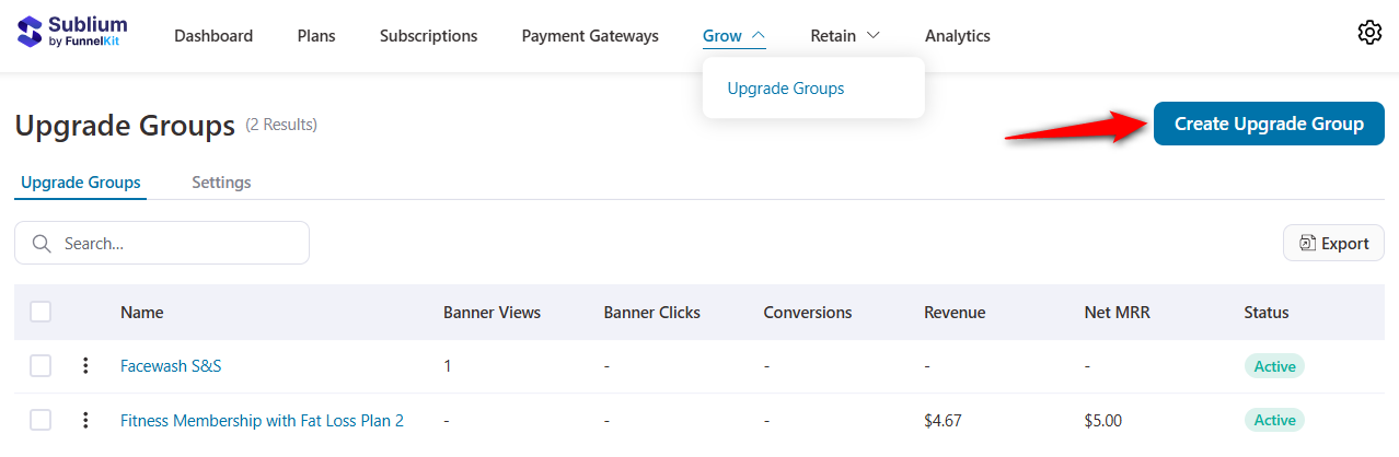 create upgrade group in sublium